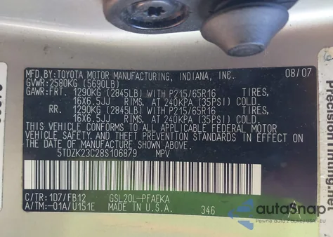 2008 Toyota Sienna Ce z USA, uszkodzony, nr VIN 5TDZK23C28S106879